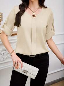 SHEIN Clasi 女士圆领卷边袖休闲衬衫 - 卡其色 - 查看 4