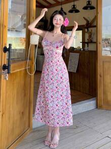 DAZY Đầm midi nữ mùa hè kiểu dáng thường ngày, họa tiết hoa nhí, dây mảnh, phối ren, eo thon, thích hợp cho lễ tình nhân, trang phục đi biển. - Hồng - Xem 5