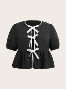 SHEIN EZwear Plus Size Women's Contrast Color Bow Decor Short Puff Sleeve Blouse - Black and White - View 1