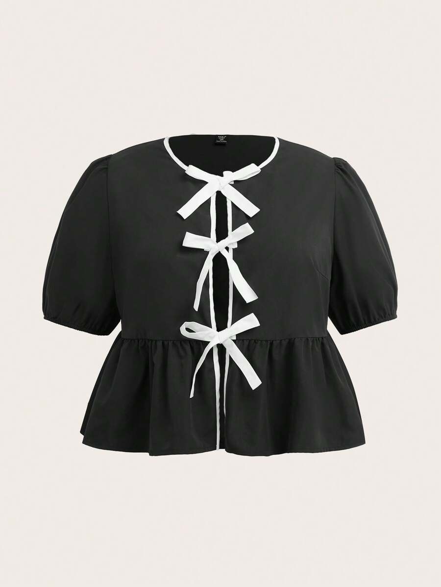 SHEIN EZwear Plus Size Women's Contrast Color Bow Decor Short Puff Sleeve Blouse - Black and White - View 1