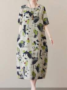 Vestido casual de mujer de cuello redondo y manga corta con estampado de batik - Caqui - Ver 4