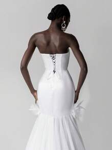SHEIN Belle Elegant White Satin Simple Strapless Collar Floral Contrast Mesh Fishtail Train Back Adjustable Tie Wedding Dress, Bride - White - View 7