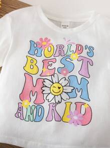 SHEIN Babygirl 可爱卡通印花短袖 T 恤和松紧腰条纹裤两件套，夏季 - 白色 - 查看 5