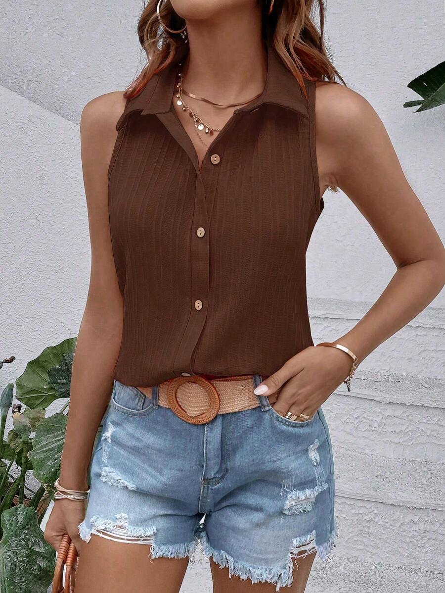 SHEIN Plain Collar Open Front Sleeveless Textured Loose Shirt - Coffee Brown - View 1