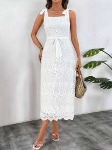 SHEIN Clasi Vestido slip de encaje de unicolor con cordones, elegante - Blanco - Ver 6