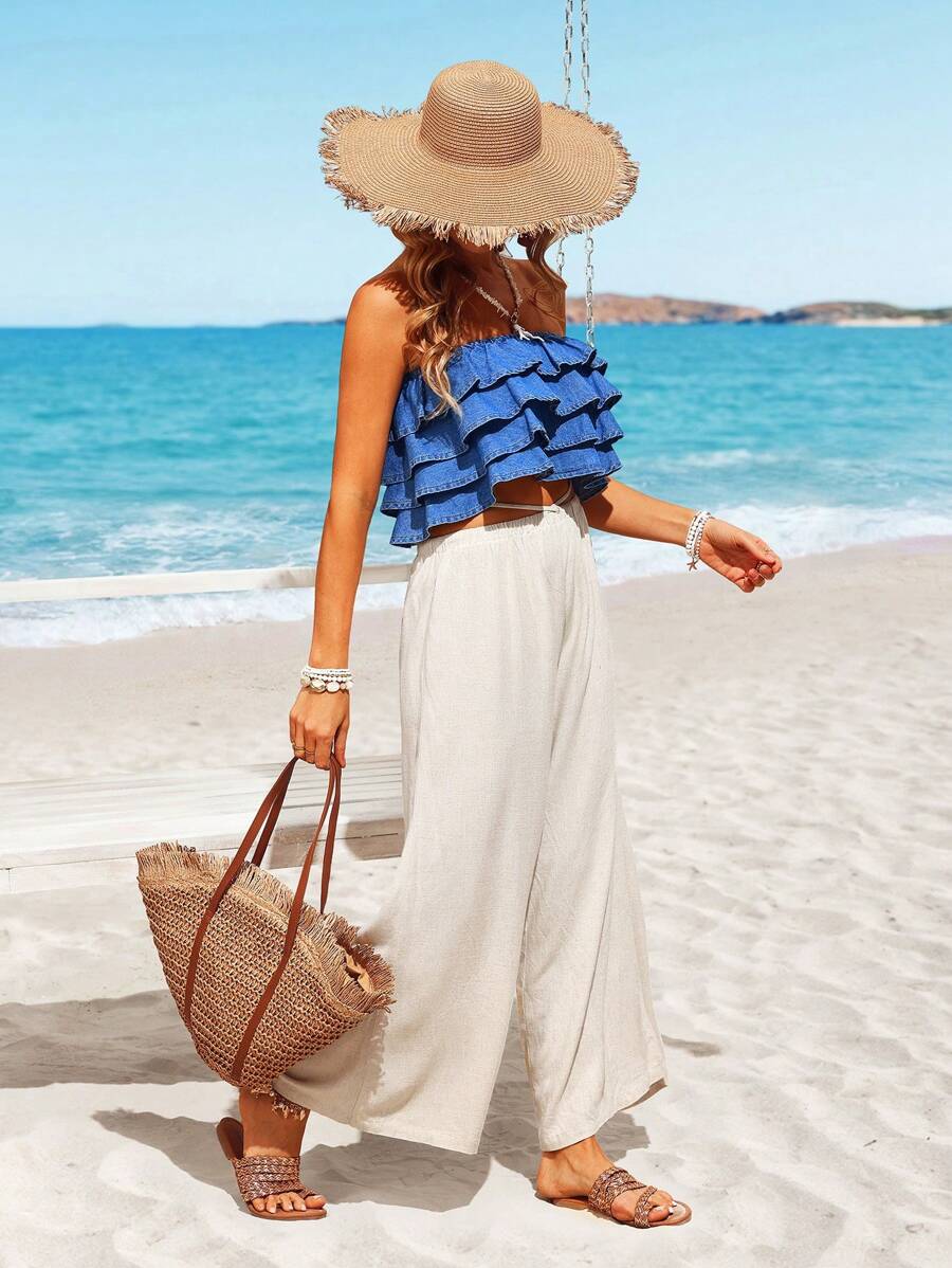 Breezaya 女士休闲荷叶边分层牛仔抹胸度假装