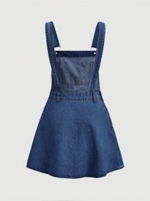 SHEIN MOD Retro Casual Women's Denim Bib Overall Knee-Length Dress, Blue