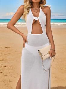 SHEIN Swim 女士优雅度假钩针罩衫连衣裙，白色手工针织领带长罩衫，适合夏季海滩 - 白色 - 查看 6