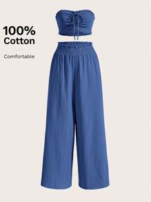 SHEIN EZwear 打結前收褶抹胸上衣和闊腿褲 - 藍色 - 查看 5