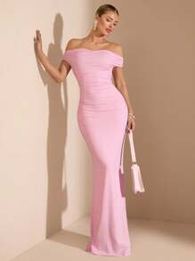 SHEIN BAE Summer Beach Vacation Solid Light Pink One-Shoulder Off-Shoulder Asymmetrical Neckline Off-Shoulder Multi-Wear Super Long Fishtail Dress, Suitable For Daily Dating, Night Out, Nightclubs, Parties, Get-Togethers, Cocktail Parties, Pool Parties, Back-To-School Season Dresses, Back-To-School Season Dresses, Holiday Dresses, Music Festival Dresses, Country Music Festival Dresses, Concert Dresses New Spring And Summer Styles, Romantic Date,Country,Modest, Fairycore,Wedding Guest Dress Women / Bridal Shower Dress White, Graduation Dress,Brunch Outfits For Women,Concert Outfit Women / Rave Outfits Festival /Rave Outfits / Country Concert Outfit / Nashville Outfits / Ibiza Outfits,Spring Outfits For Women,Elegant,Vacation Outfits Woman - Baby Pink - View 1