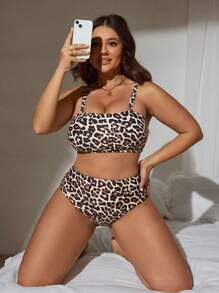 Swim Lushoire Basic Minimalist Leopard Print Plus Size Tankini Swimwear Set For Women For Summer Beach Vacation - Black - View 4