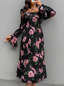Modelyn Plus Size Woven Printed Long Sleeve Cinched Waist Midi Dress - Black - View 6