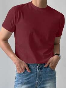 DAZY Áo thun nam tay ngắn màu trơn thường ngày, mùa hè - Đỏ - Xem 5