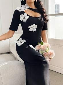 Modelyn Women's Crew Neck Hollow Floral Decor Elegant Knit Bodycon Fishtail Dress - Black - View 4