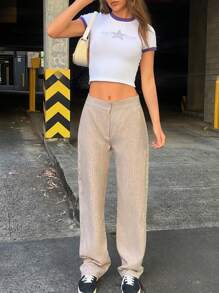 SHEIN Cottnline Women Stripe Pattern High Waist Straight Pants - Beige - View 1