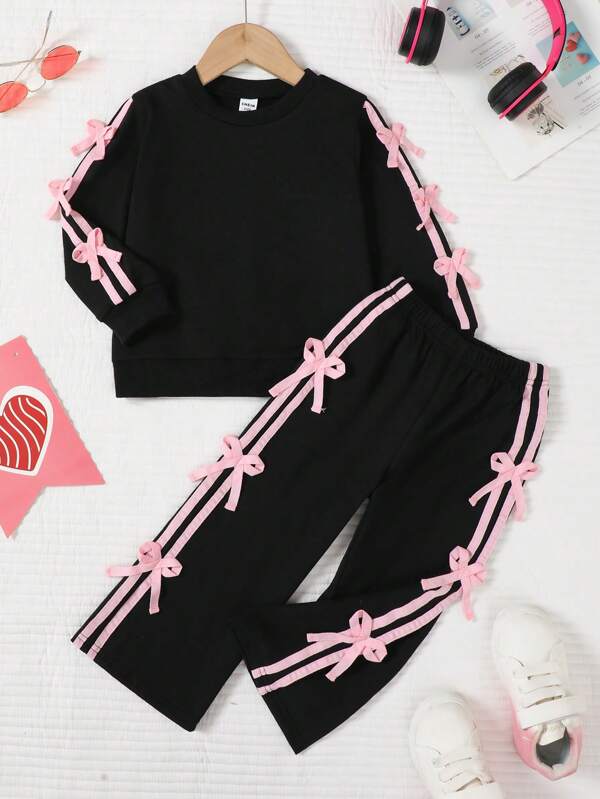 SHEIN Kleine Mädchen 2 Stücke/Set Frühling & Sommer lässiger Outfit mit Schleifen Schleife Sweatshirt Top & Schleife Hose, bequemer Look