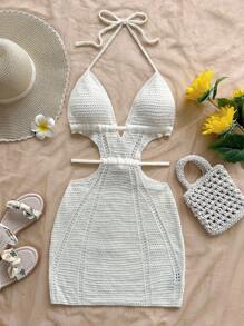 Soleia 全新设计镂空系带露背白色优雅假日迷你吊带裙 - 白色 - 查看 3