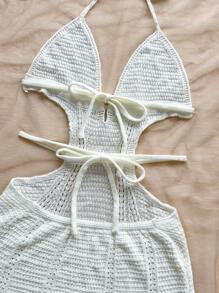 Soleia 全新设计镂空系带露背白色优雅假日迷你吊带裙 - 白色 - 查看 4