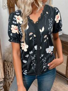 SHEIN LUNE 女士花卉印花撞色蕾丝短款泡泡袖衬衫，度假装 - 黑色 - 查看 3