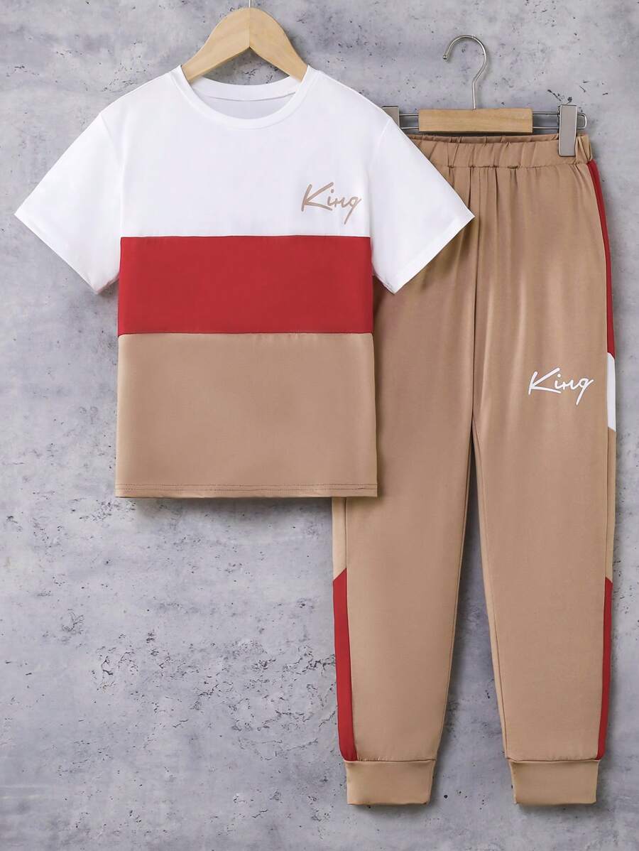 SHEIN 2pcs Older Boys Color Block Crew Neck Long Sleeve Sweatshirt And Pants Set - Multicolor - View 1