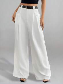 Chiquease 女士优雅休闲/办公褶皱白色长裤