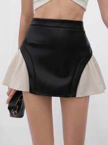 Aveloria Niche Design Biker Punk Romantic Elegant Versatile Retro Precise Asymmetrical PU Leather Patchwork Pleated A-Line Skirt For Women - Multicolor - View 5