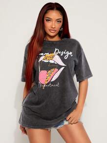 SHEIN SXY Summer;Oversized Vintage Distressed Snow Washed Short Sleeve T-Shirt, Loose Fit Pullover Tee With Leopard Lip Print, Versatile Casual/Sport/Party Wear For Spring & Autumn - Black - View 2