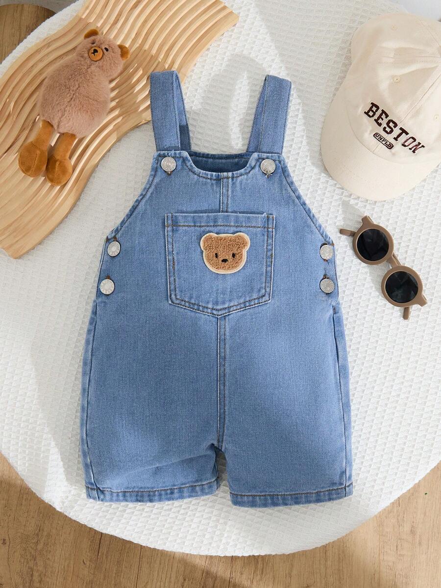男婴刺绣熊口袋牛仔背带短裤 - 淺色水洗藍 - 查看 1