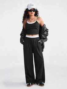 SHEIN 2pcs/Set Teen Girls Summer Casual Sporty Contrast Color Cropped Camisole And Wide Leg Pants - Black and White - View 1