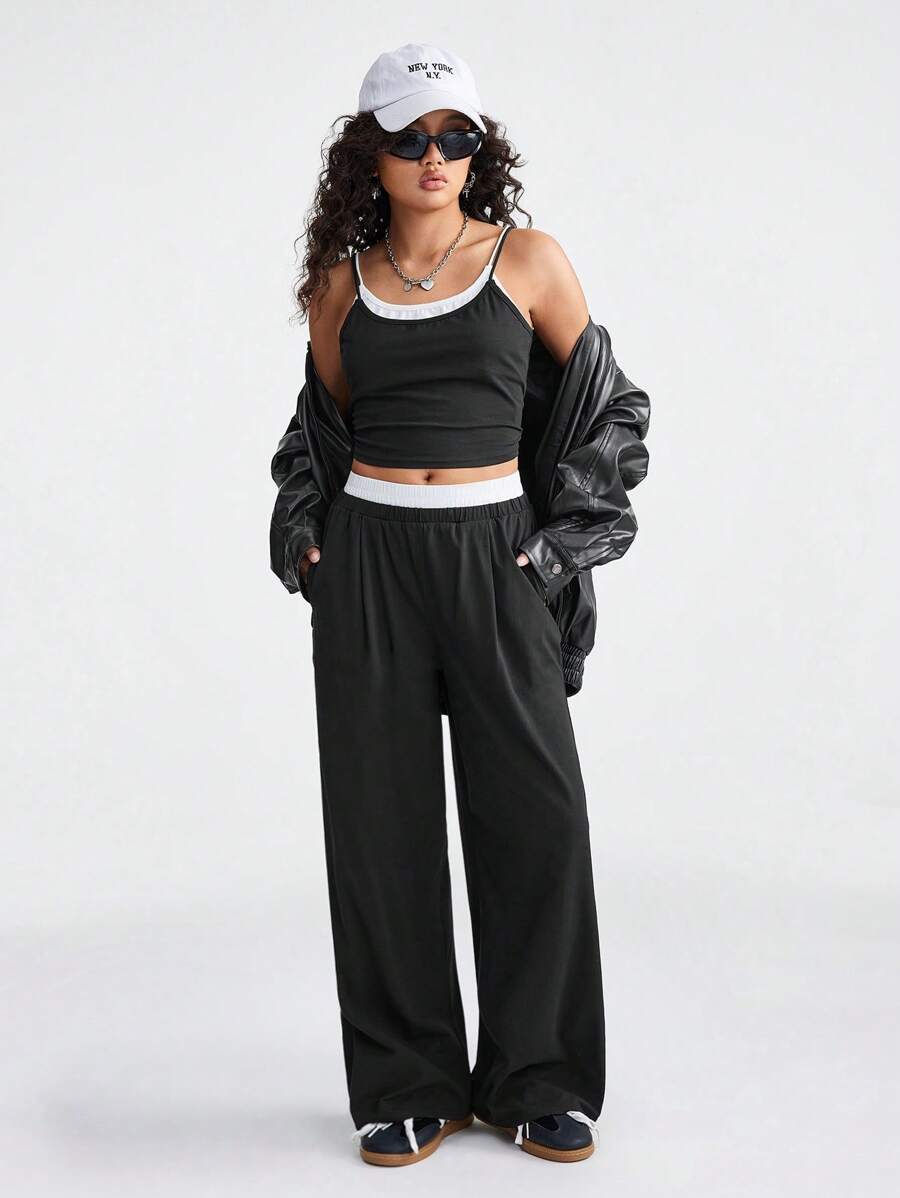 SHEIN 2pcs/Set Teen Girls Summer Casual Sporty Contrast Color Cropped Camisole And Wide Leg Pants - Black and White - View 1