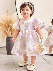 SHEIN Leap Crew Baby Girl Elegant & Floral Print Short Sleeve Summer Dress - Pink - View 3