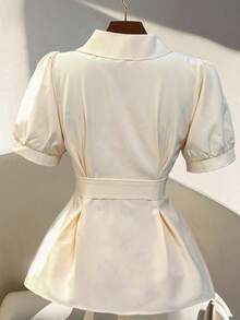 SHEIN Clasi 女士纯色翻领泡泡袖短款休闲衬衫 - 杏色 - 查看 2