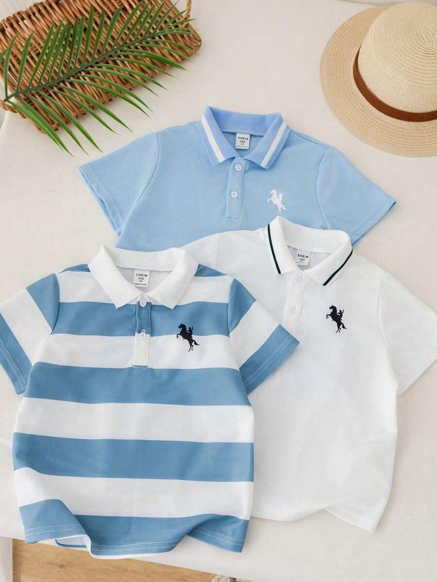 SHEIN 3 件男婴可爱夏季休闲条纹短袖 Polo 衫，用途广泛，适合生日派对、晚会、表演、婚礼、婴儿洗礼等。 - 彩色 - 查看 1