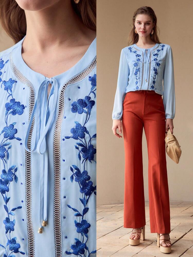 FLORAL EMBROIDERY TIE NECK BLOUSE,SPRING/SUMMER