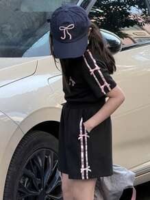 DAZY 2pcs Tween Girls Bow Decor Round Neck Short Sleeve T-Shirt And Shorts Casual Set - Blue - View 1