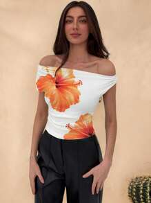 Aloruh Áo crop top hở vai họa tiết hoa dâm bụt thường ngày, cổ bất đối xứng, gợi cảm, áo cánh mùa hè họa tiết hoa thích hợp cho kỳ nghỉ ở bãi biển, kỳ nghỉ xuân, những buổi hẹn hò sang trọng, lễ hội âm nhạc - trắng - Xem 1