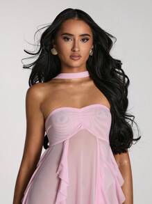 SHEIN BAE Women's Solid Color Ruffled Halter Backless Sleeveless Dress Coverup