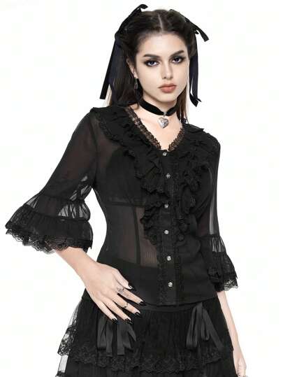 Goth Gotischer Retro Rüschenkragen Knopf-Taille Chiffon Bluse Top für Frauen, Schulanfang Saison