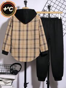 SHEIN Leap Crew Tween Boys Plaid Splice Black Hoodie Sweatshirt And Pants 2 Pieces Set, Can Match Boys Winter Coat, Kids Winter Clothes, Boys Long Sleeve Shirt, Christmas Sweatshirt, Christmas Pants, Boys Jacket, Long Sleeve Blouse - Black - View 2