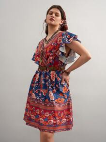 SHEIN VCAY Große Größen Damen Sommer Lässig Urlaub Western Country Schmetterlingsärmel Wickelkleid