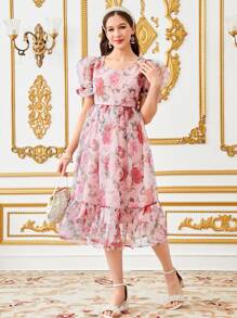 SHEIN Teen Girls' Elegant Floral Print Ruffled Puff Sleeve Dress - Pink - View 2