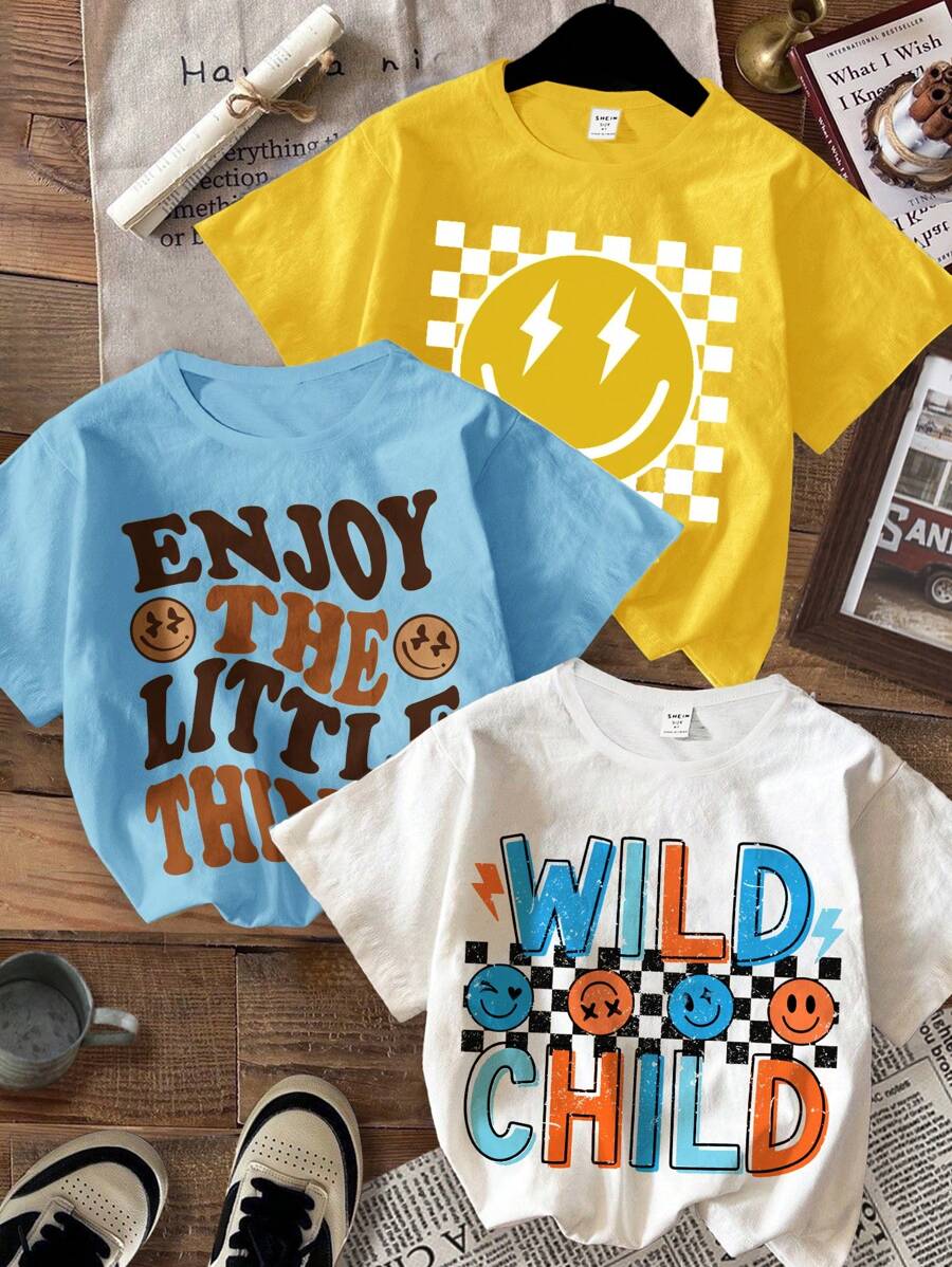 SHEIN 3pcs/Set Young Boy Casual Simple Round Neck Short Sleeve T-Shirt, Suitable For Summer, School, Campus, College - Multicolor - View 1