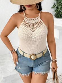 SHEIN Frenchy Áo hở vai ren hoa giản dị cỡ lớn - Màu be - Xem 4