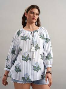 SHEIN LUNE Plus Size Women Floral Striped Tie Neckline Loose Blouse Floral Vacation Outfits Woman Country West Wear Women BOHO Easter Spring Outfits For Women Summer Outfits For Women Cute Summer Tops Easter Dress Easter Outfit Women Graphic