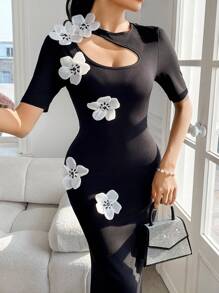 Modelyn Women's Crew Neck Hollow Floral Decor Elegant Knit Bodycon Fishtail Dress - Black - View 5
