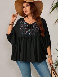 EMERY ROSE Plus Size Women Boho Floral Embroidered Lantern Sleeve Loose Smock Blouse,Summer,Vacation Summer Baggy Beach - Black - View 6