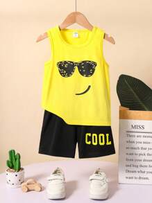 SHEIN 2pcs Young Boy Casual All-Match Soft Knit Sleeveless Graphic Vest Top And Shorts Set, Versatile Cartoon Sunglasses Print, Comfortable For Daily Wear, Outdoor, School, Spring/Summer, Suitable For 4-7 Years Old