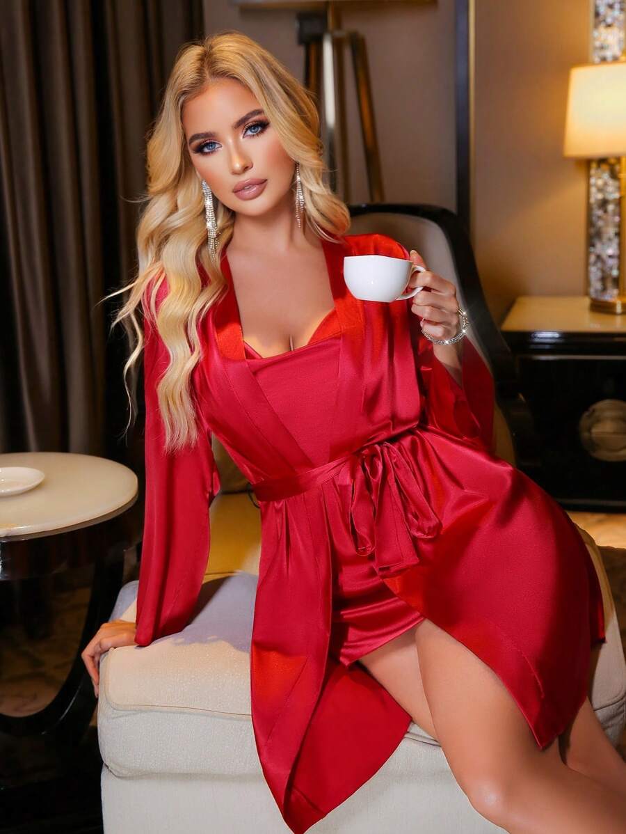 2pcs/Set Women Sexy Nightgown With Robe Sleepwear Set - Burgundy - View 1