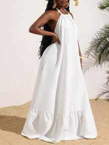 Slaydiva Summer Casual Vacation Sleeveless Ruffle Hem A-Line Long Dress For Women - White - View 3