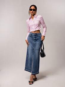 Forever 21 全新 直筒前开衩休闲复古水洗女式长款牛仔 A 字裙 - 藍色 - 查看 7